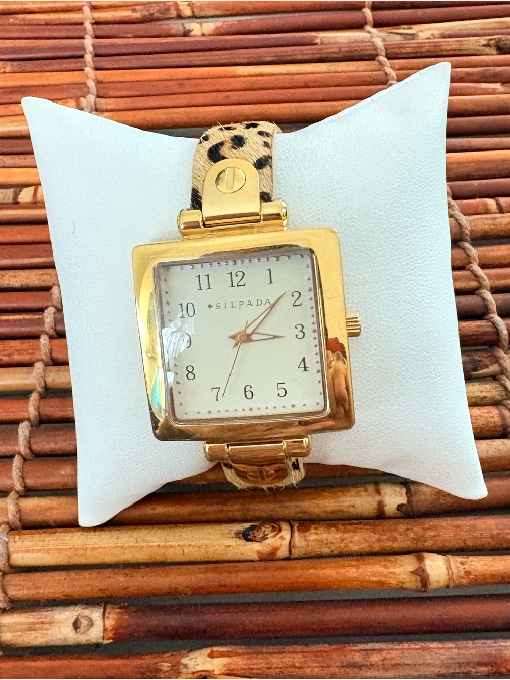 Silpada Gold Square Watch with Leopard-Pattern Strap Needs Battery 6.5”-8.5”